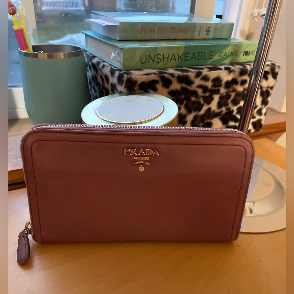 Prada Large Zip Wallet in pink Saffiano leather; EUC